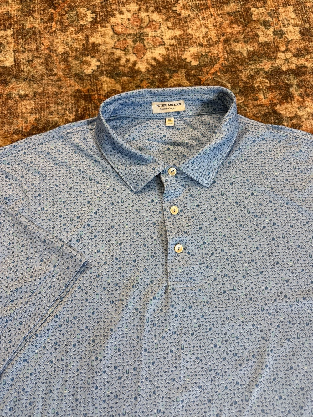 Peter Millar blue polo shirt with party glasses pattern size XL